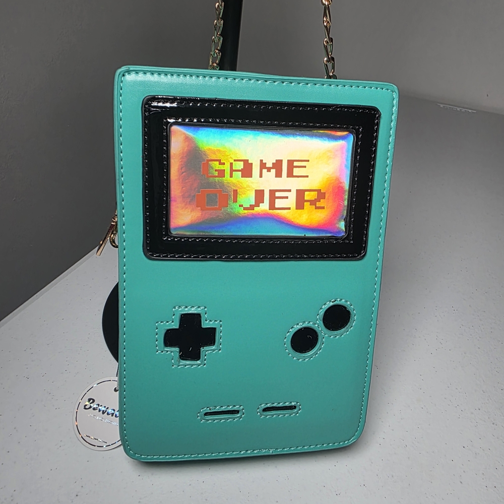Turquoise Game Console Crossbody Bag with Gold Chain Strap - Picture 2 of 5